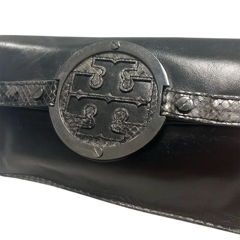 Tory Burch Women's Black Leather Clutch‎ with Snakeskin Trim